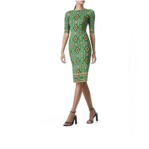 Alice + Olivia Green Geometric Midi Sheath Dress with Yellow Accents